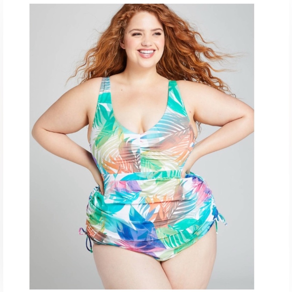 LANE BRYANT Drawstring No-Wire Swim Dress Tropical Print Size 20 One Piece.